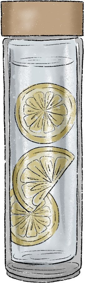 Illustrated glass bottle with a cork cap, containing three lemon slices. The hand-drawn style conveys a fresh, organic feel.