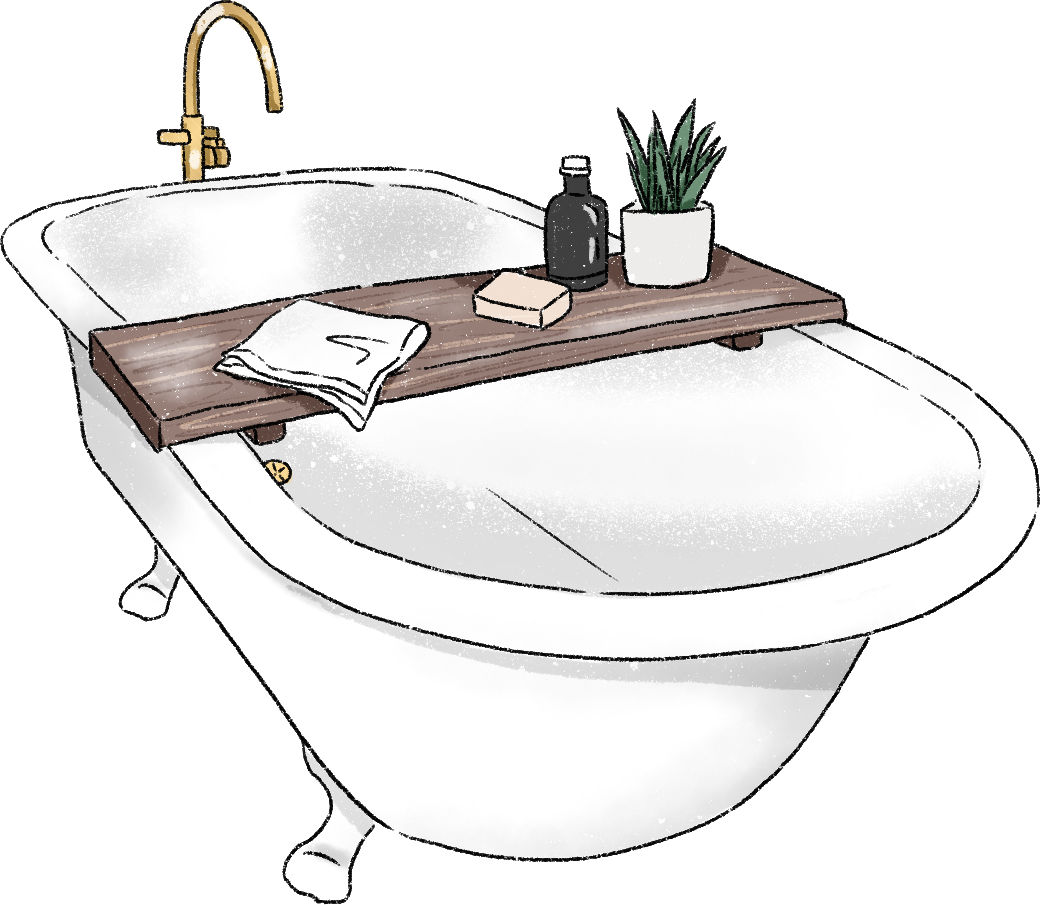 Illustration of a white clawfoot bathtub with a wooden tray holding a towel, soap, a bottle, and a plant. A gold faucet adds a touch of luxury.