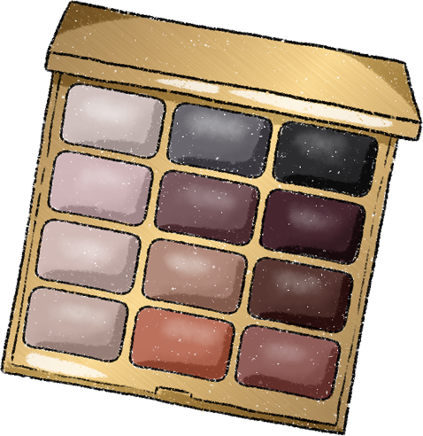 A makeup palette with 12 shaded squares in neutral and dark colors, ranging from pinks to browns, is housed in a shiny gold case.