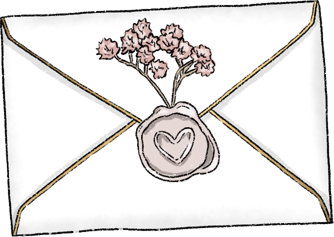 An elegant envelope sealed with a pink wax seal featuring a heart. Delicate pink flowers emerge from behind the seal, creating a feminine tone.