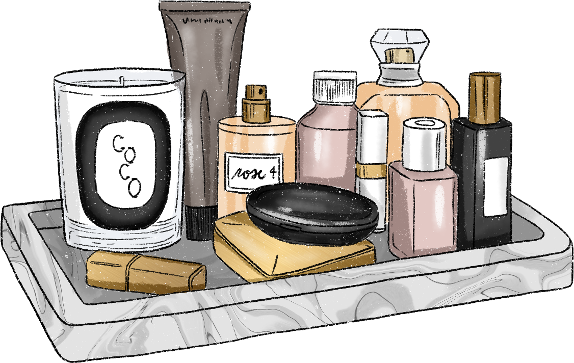 Tray with assorted cosmetics, including candles, skincare tubes, perfume bottles, and a soap bar, conveying a luxurious and soothing ambiance.