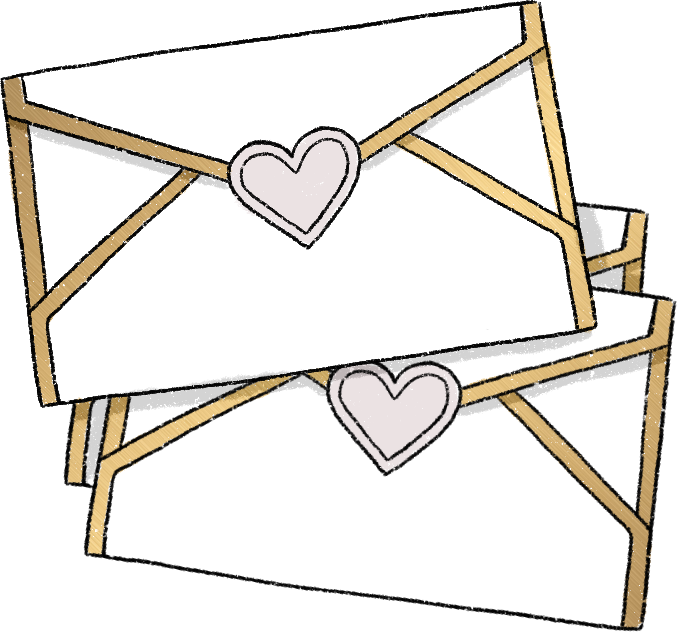 Three white envelopes with tan borders, each sealed with a pink heart emblem. The arrangement suggests a theme of love or romance.