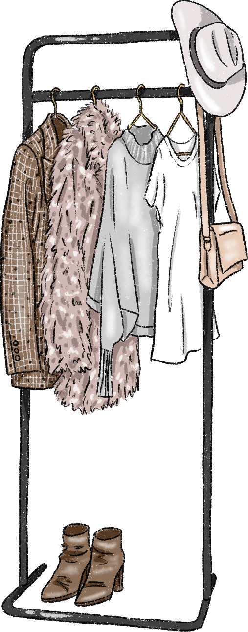 A stylish clothing rack displaying a plaid blazer, faux fur coat, gray sweater, and white dress. Accessories include a hat, beige bag, and ankle boots.