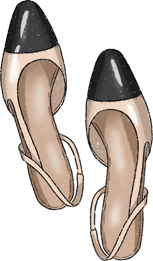 Illustration of a pair of elegant, beige-and-black, open-toe heels. The shoes have black pointed toe caps and thin ankle straps, conveying a stylish tone.
