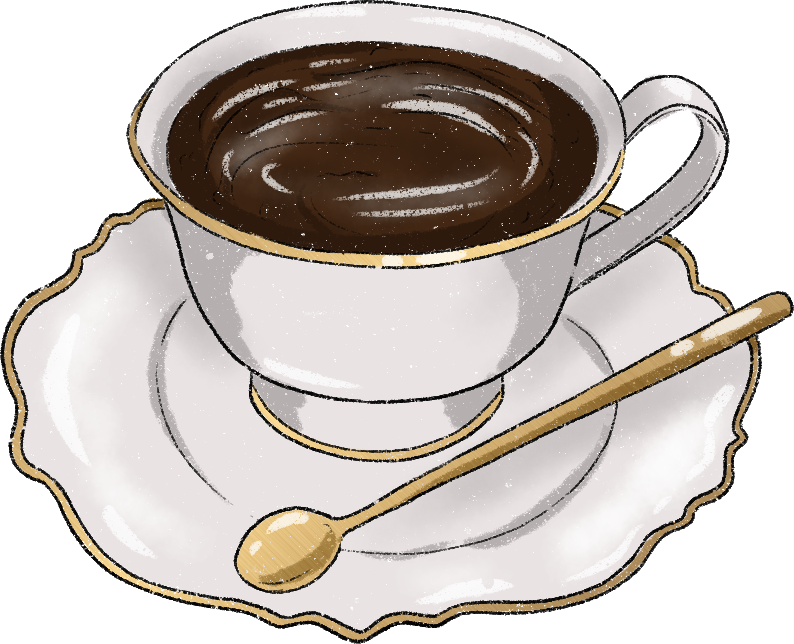 A steaming cup of dark coffee in an elegant white cup with gold trim, on a matching saucer with a gold spoon. The scene conveys warmth and elegance.