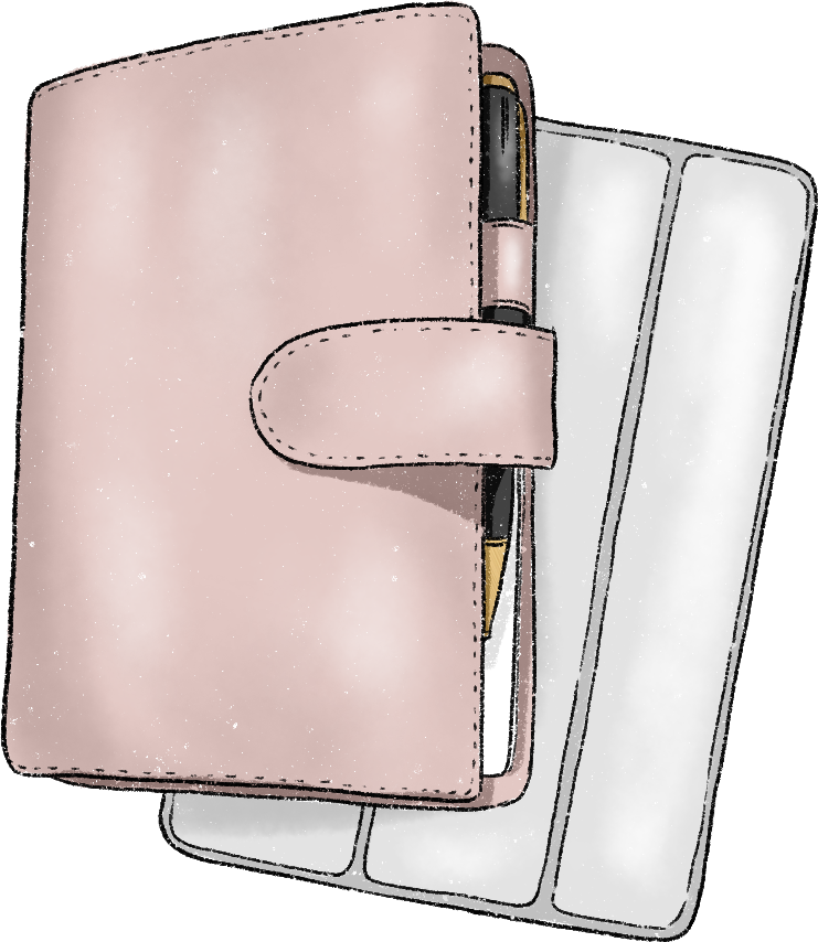 A closed blush pink planner with a strap and pen loop containing a black pen, placed on top of a white tablet cover, conveying organization and style.