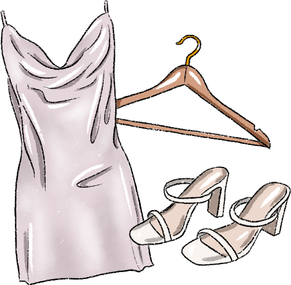 Illustration of a silky, lavender slip dress on a hanger, paired with elegant beige high-heeled sandals, conveying a chic and stylish vibe.