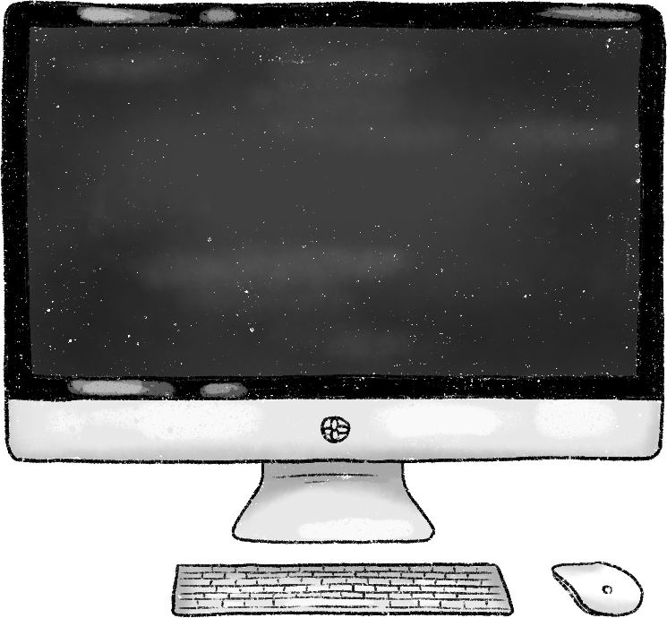 Illustration of a desktop computer set on a dark background. The monitor, keyboard, and mouse are sketched in white, creating a minimalist and modern feel.
