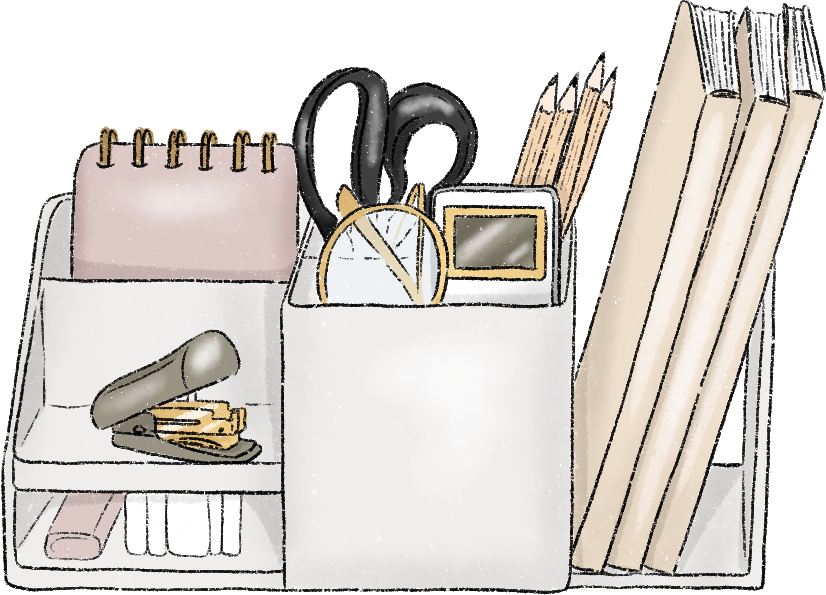A neatly organized desk caddy holds notebooks, pens, pencils, scissors, a stapler, a mirror, and other office supplies. The tone is tidy and creative.