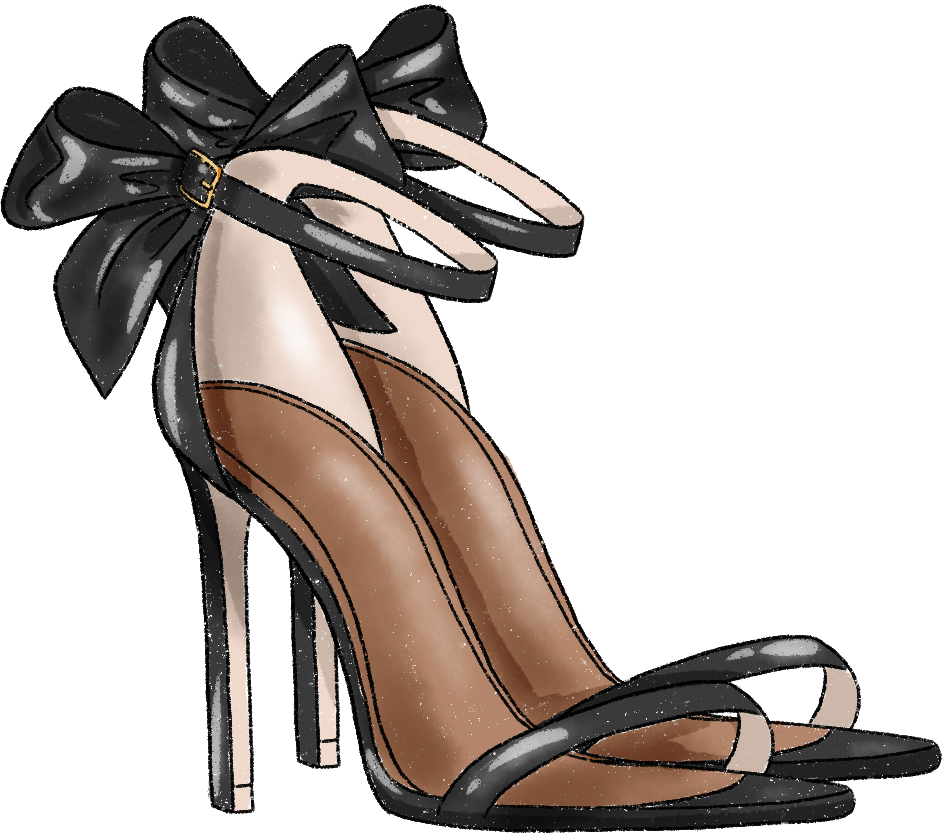 Illustration of elegant black high-heeled sandals with ankle straps and large bow details, conveying sophistication and fashion-forward style.